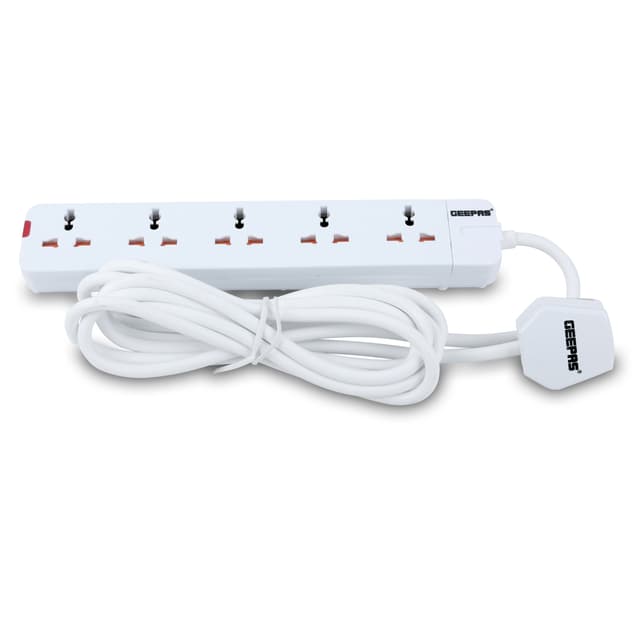 Geepas 5 Way Extension Socket 13A - Charge Mobile, Laptop, Washing Machine & More- Extra Long 3- meter Cord with Over Current Protected - 2 Years Warranty