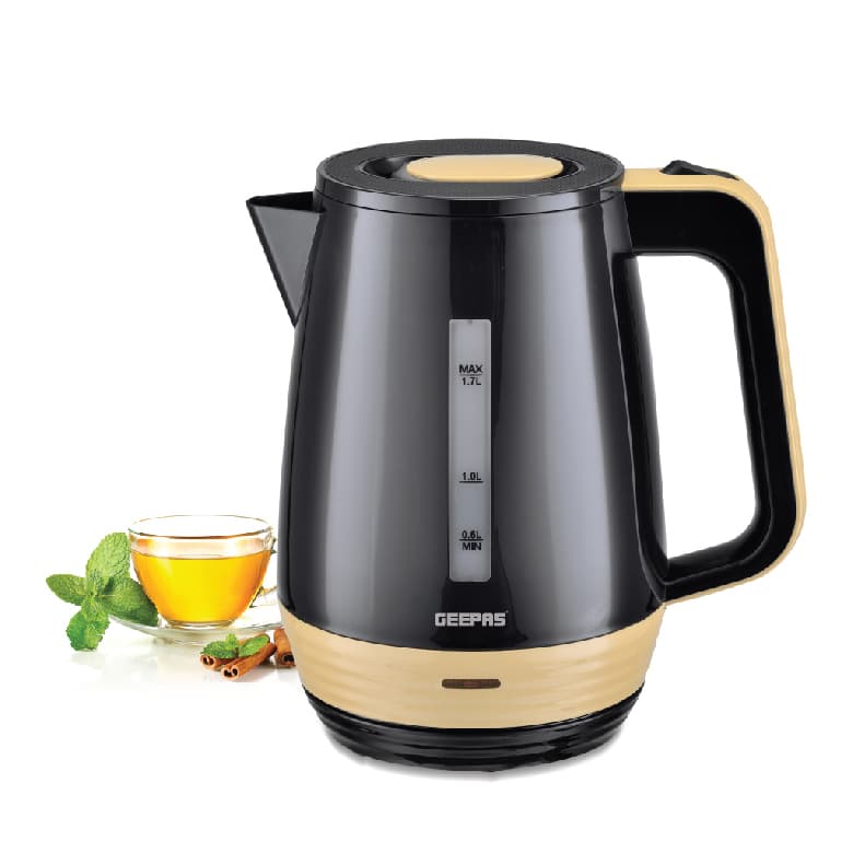 Geepas Electric Kettle 1.7L - Boil Dry Protection, Auto Off, with Concealed Stainless Steel Plate - Compact Spill Proof Lid, Spout, & Grip Handle for Serving Beverages