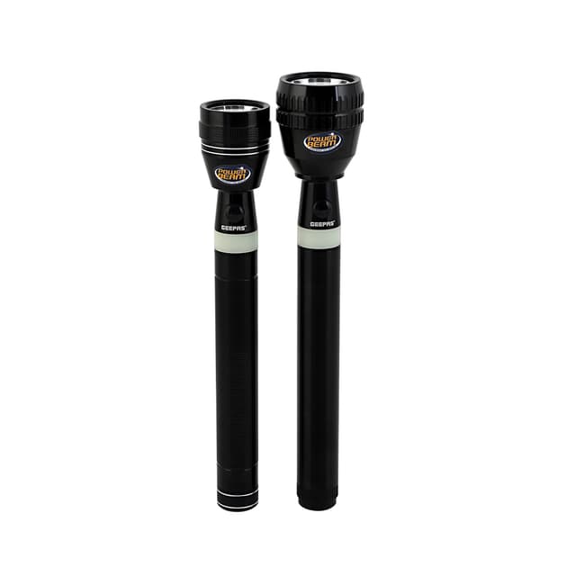 Geepas GFL4637 2Pcs Rechargeable LED Flashlight 3W - Portable Design with Glow Rubber -3 Hours Working - Ideal for Camping, Trekking & Power Cut Offs