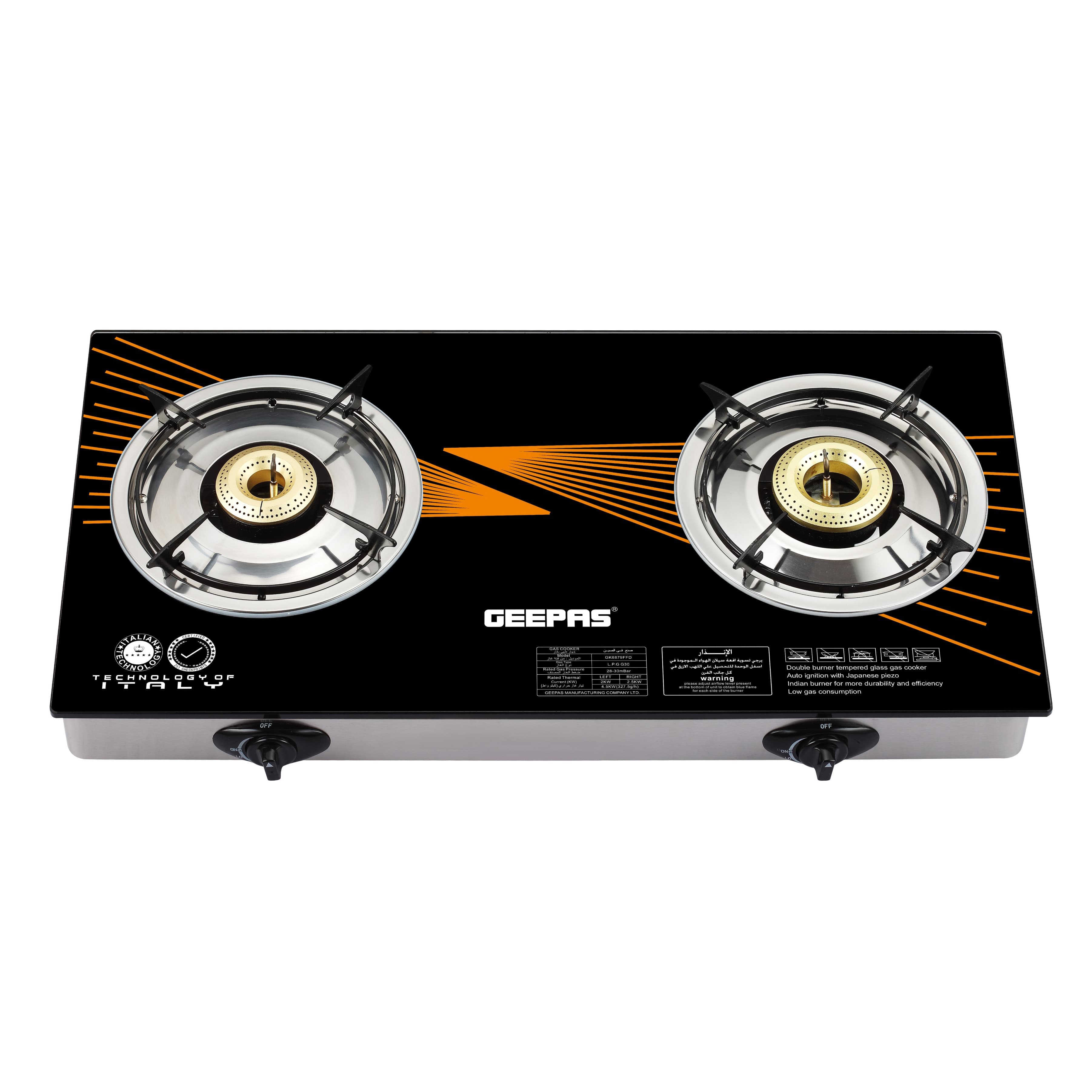 Geepas GK6879 2-Burner Gas Hob 70 mm & 90 mm - Tempered Glass Worktop - Automatic Ignition, 2 Heating Zones 4.5Kw- Stainless Steel Frame - 2 Years Warranty