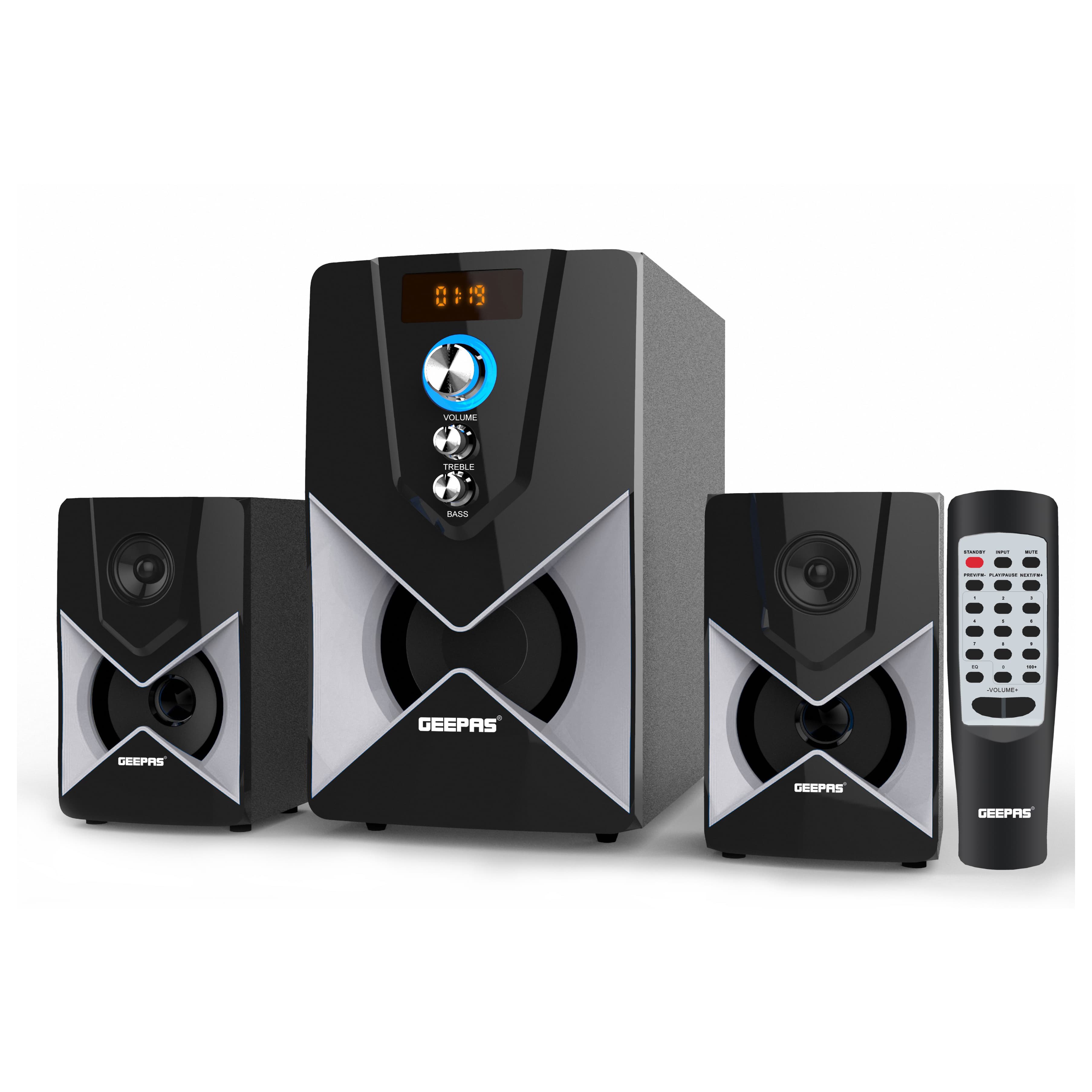 Geepas GMS8515 2.1 Channel Multimedia Speaker - 20000W PMPO, Powerful Woofer - USB, Bluetooth, Ideal for Pc, Play Station, Tv, Smartphone, Tablet, Music Player