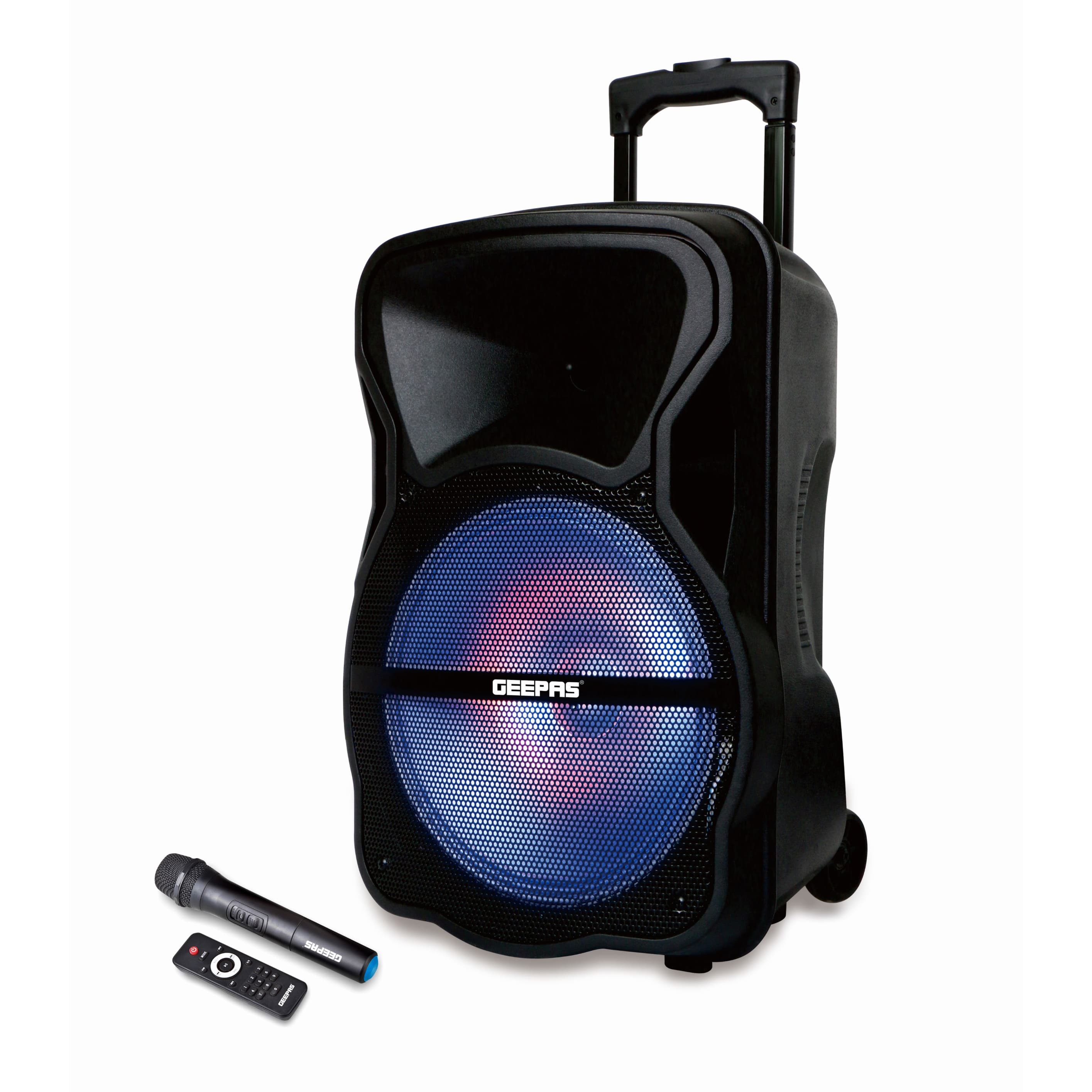 Geepas GMS8568 Portable & Rechargeable Speaker - Wireless Microphones, 1800mAh Battery- Karaoke DJ Speaker & LED Lights -Portable Speaker -Trolley Handle