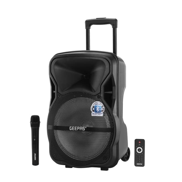 Geepas GMS8568 Portable & Rechargeable Speaker - Wireless Microphones, 1800mAh Battery- Karaoke DJ Speaker & LED Lights -Portable Speaker -Trolley Handle
