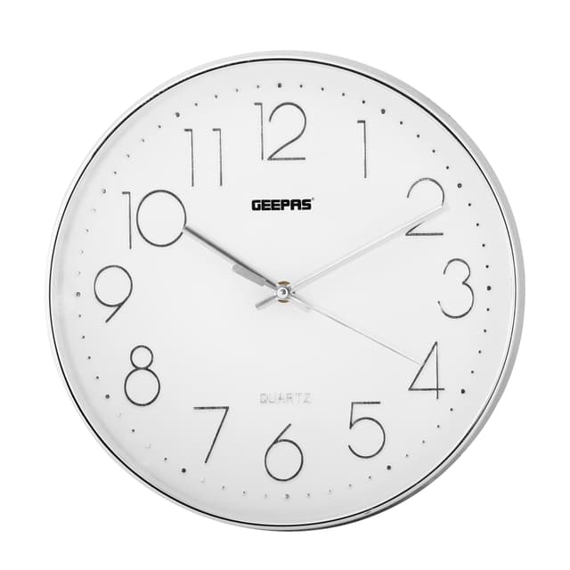 ساعة حائط دائرية جيباس بدون صوت أبيض وفضي Geepas Wall Clock Silent Non Ticking