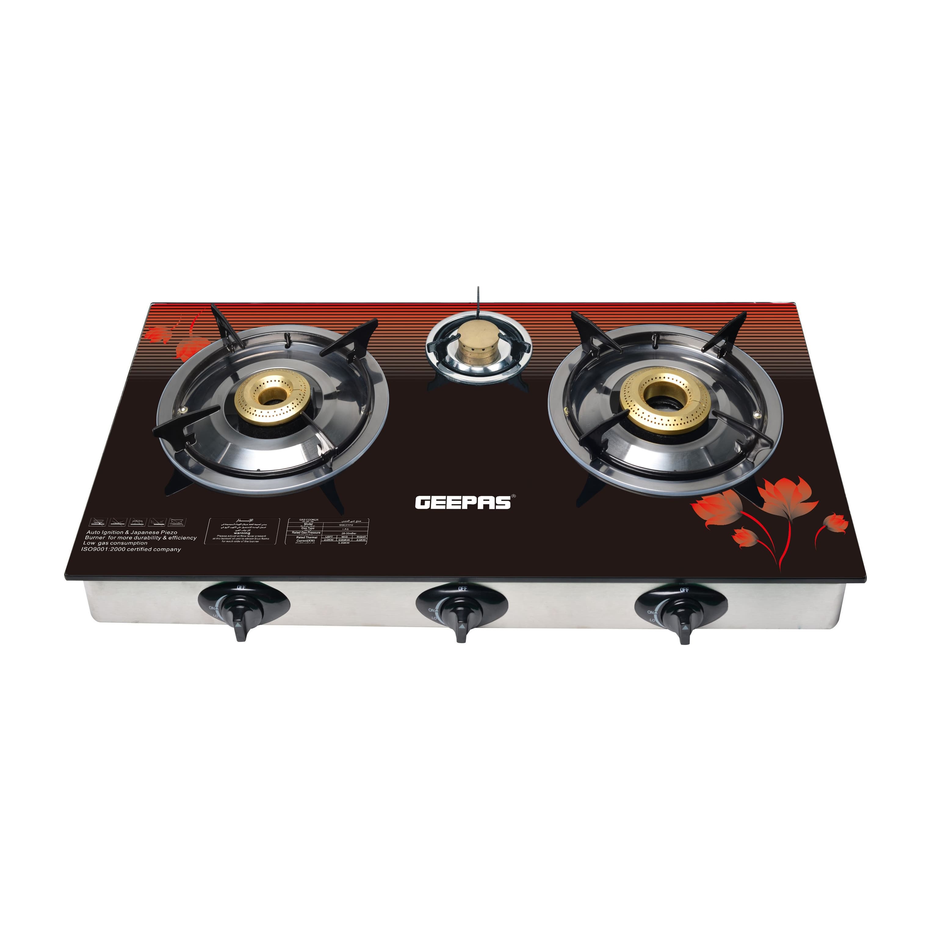 Geepas GGC31012 3-Burner Gas Cooker Size 70mm, 40mm & 90mm Respectively - Ergonomic Design, Automatic Ignition, 3 Heating Zones -Stainless Steel Frame & Tray