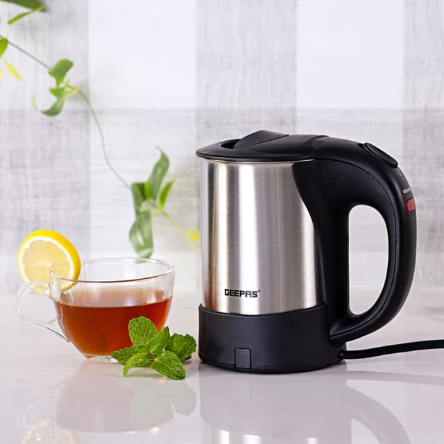 Geepas 0.5L Electric Kettle 1000W - Portable Design Stainless Steel Body - On/Off Indicator with Auto Cut Off - Fast Boil water, Milk, Coffee, Tea - 2 Year Warranty - 121739