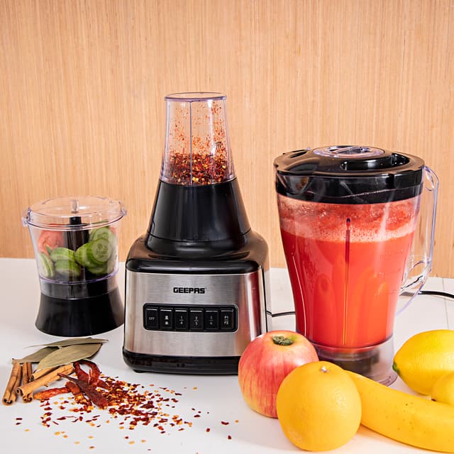 Geepas GSB44017 500W 3 in 1 Stainless Steel Blender - 8 Speed Control , 1.5L Plastic jar, 4 Sharp Blades & 2 Blending Preset Juicer- Mill & Chopping Blender, Anti-Slip feet Design - 2 Year Warranty - 122910