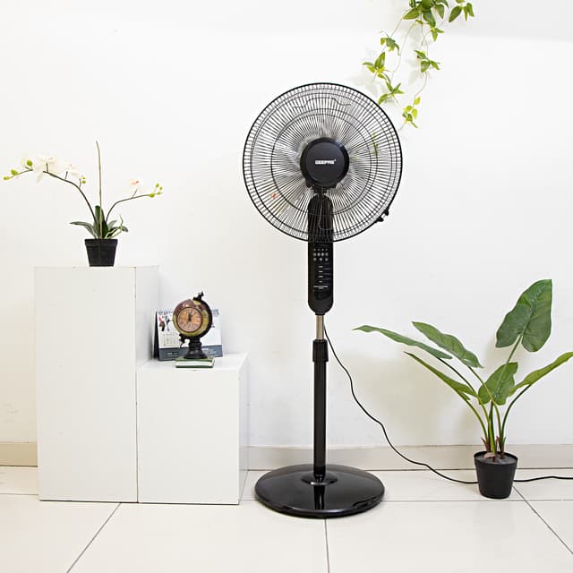 Geepas 16" Stand Fan with Remote Control - 3 Mode/Speed, 5 Leaf Blade Wide Oscillation, Adjustable Height & Tilt Setting With Led Display - 7.5 Hours Timer