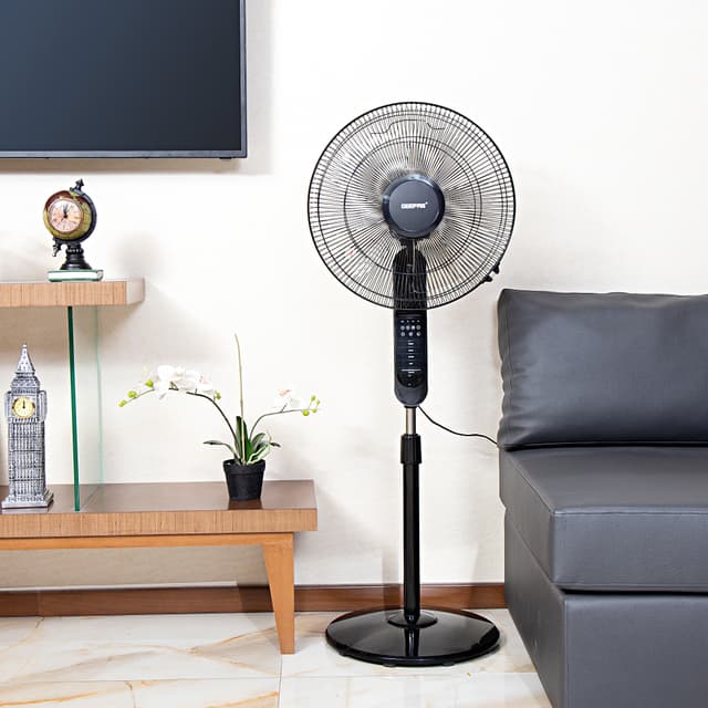 Geepas 16" Stand Fan with Remote Control - 3 Mode/Speed, 5 Leaf Blade Wide Oscillation, Adjustable Height & Tilt Setting With Led Display - 7.5 Hours Timer