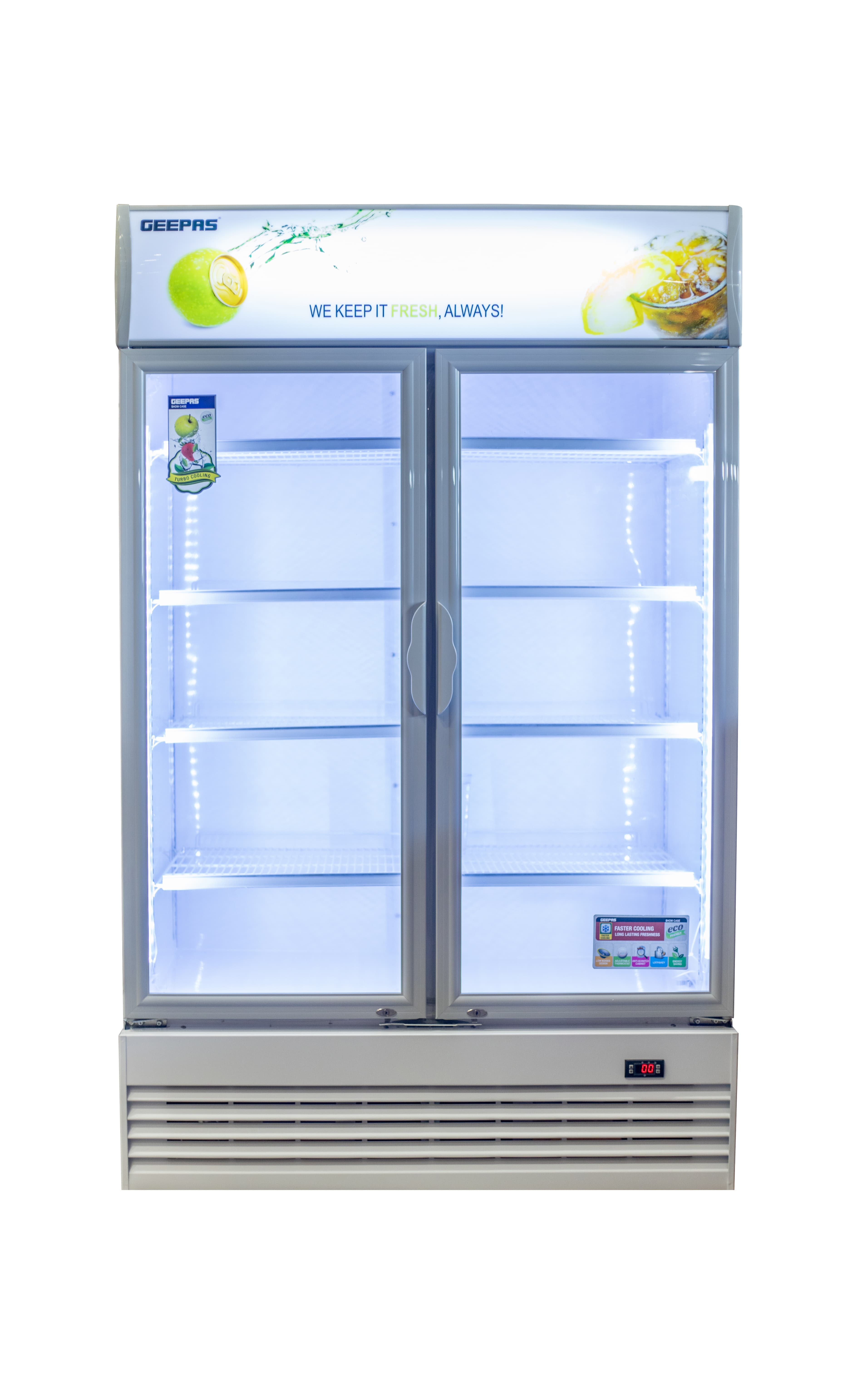 Geepas Show Case Chiller, 1100L Capacity - Auto Defrost, GSC1100DN - Digital Controller & Temperature Display - Canopy Light with Switch, Replaceable Door Gasket, Fan Cooling No Frost