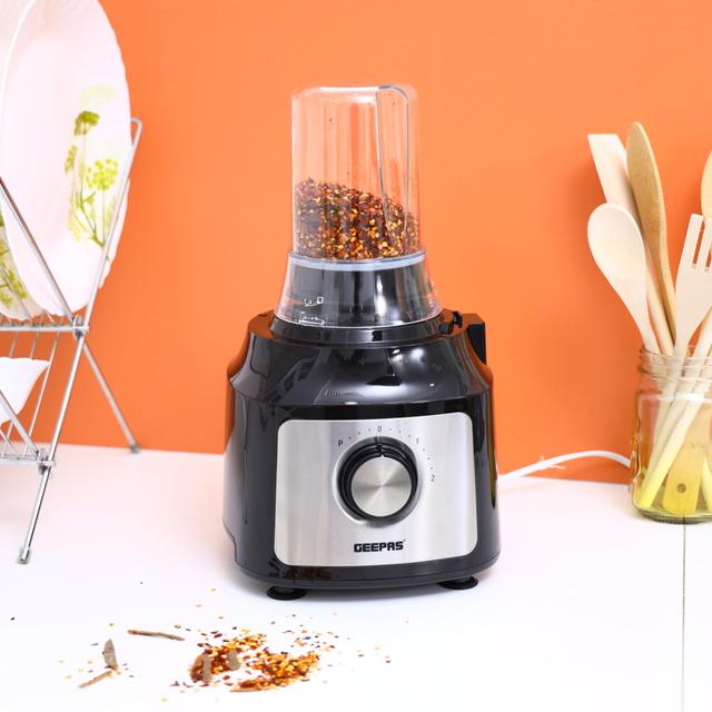 Geepas 500W 10 in 1 Food Processor Blender - Multifunctional Electric Chopper Shredder Grater Slicer & Dough Attachments - 1.2L Capacity 2 Speed & Pulse Control - Pure Copper Motor - 2 Years Warranty - SW1hZ2U6MTUyMjA1