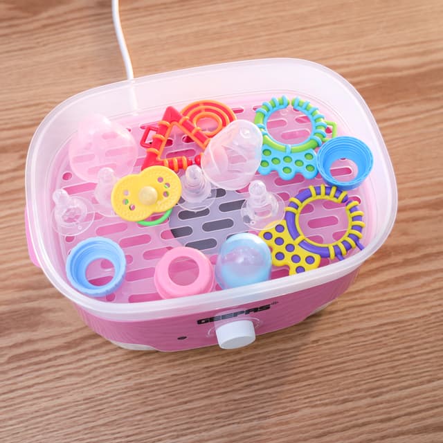 Geepas Baby Bottle Sterilizer 650W - 6Pcs Bottle Steam Sterilizer Capacity & Dryer with Knob, PP/BPA Free with Dry Protection, Drying time Control