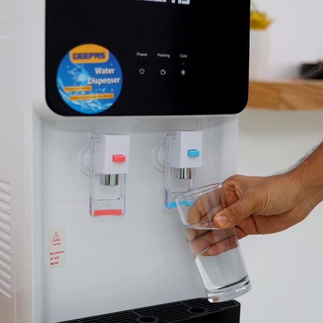 Geepas GWD8356 Water Dispenser - Hot & Cold Water Dispenser - Stainless Steel Tank, Compressor Cooling System, Child Lock - 2 Tap - 1L Hot and 2.8L Cold Water Capacity - 2 Years Warranty - 124620