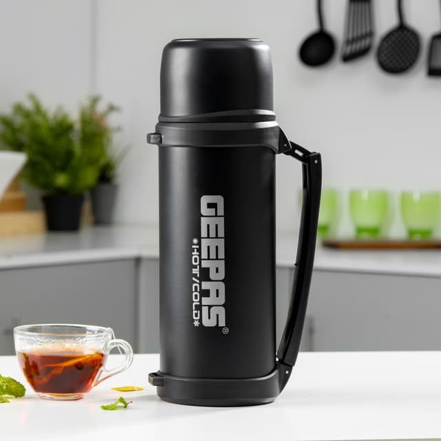 Geepas 1.8L Stainless Steel Vacuum Flask - Vacuum Insulated Bottle - Thermo Flask with Double Wall Vacuum Insulation Design - Hot & Cool, Portable & Leak Proof - Preserves Flavor & Freshness - For Camping Hiking - 123343