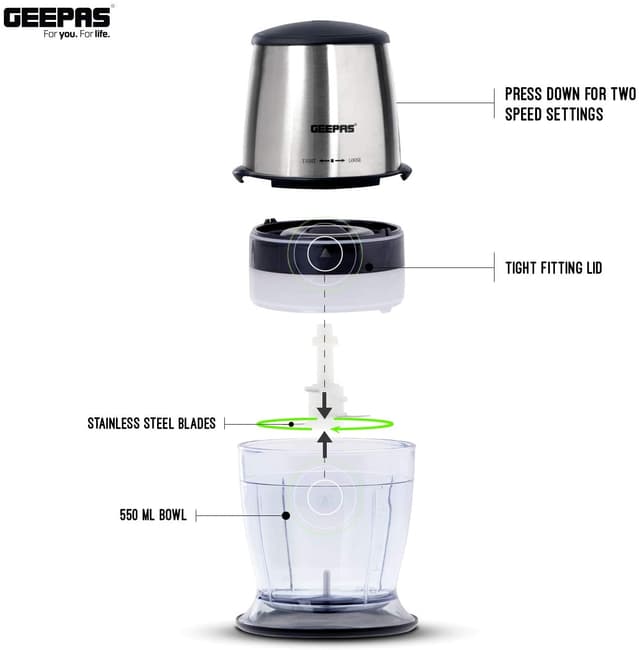 Geepas GMC42013UK_2 300W Mini Food Processor - Stainless Steel 4 Bi-Lever Blades for Blending & Chopping - Food Chopper Shredder, Perfect for Baby Food, Salads, Salsa, Pesto, Curry Pastes - 550ml - 2 Year Warranty