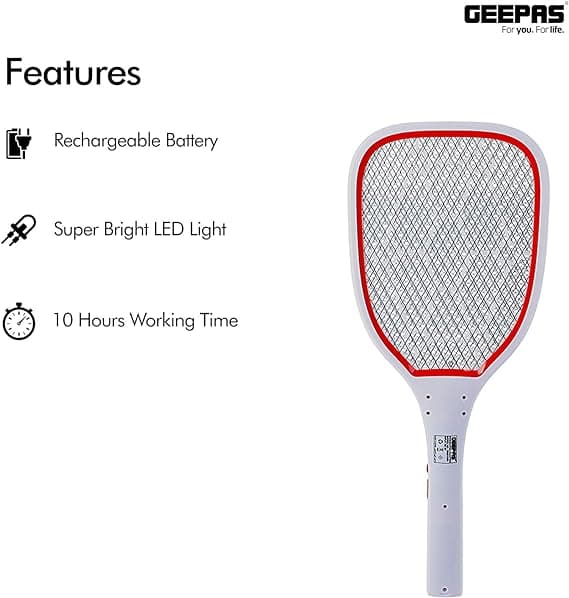 Geepas Bug Zapper Rechargeable Mosquito Killer, Fly Swatter/Killer And Bug Zapper Racket -Super-Bright Led Light To Zap In The Dark -10 Hours Working