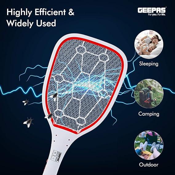 Geepas Bug Zapper Rechargeable Mosquito Killer, Fly Swatter/Killer And Bug Zapper Racket -Super-Bright Led Light To Zap In The Dark -10 Hours Working