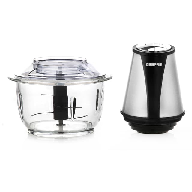 Geepas 400W Mini Food Processor 1.2L Glass Jar Bowl & 4 Stainless