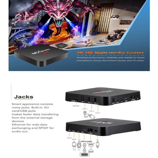 Wownect MXQ Pro Android TV Box 4k [2GB / 16GB] Quad Core Amlogic S905W WiFi Smart TV Box [ Supports Miracast / Airplay ] With USB, SPDIF, LAN, HDMI, SD Card Ports - Black