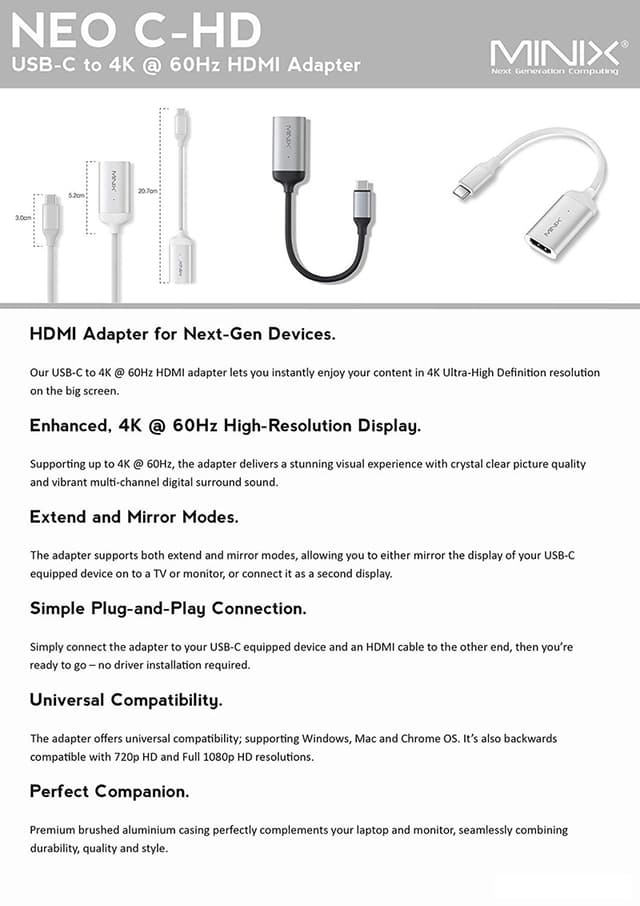MINIX NEO C-HD, USB-C to 4K/60Hz HDMI Adapter For Windows, Mac and Chrome OS - Grey