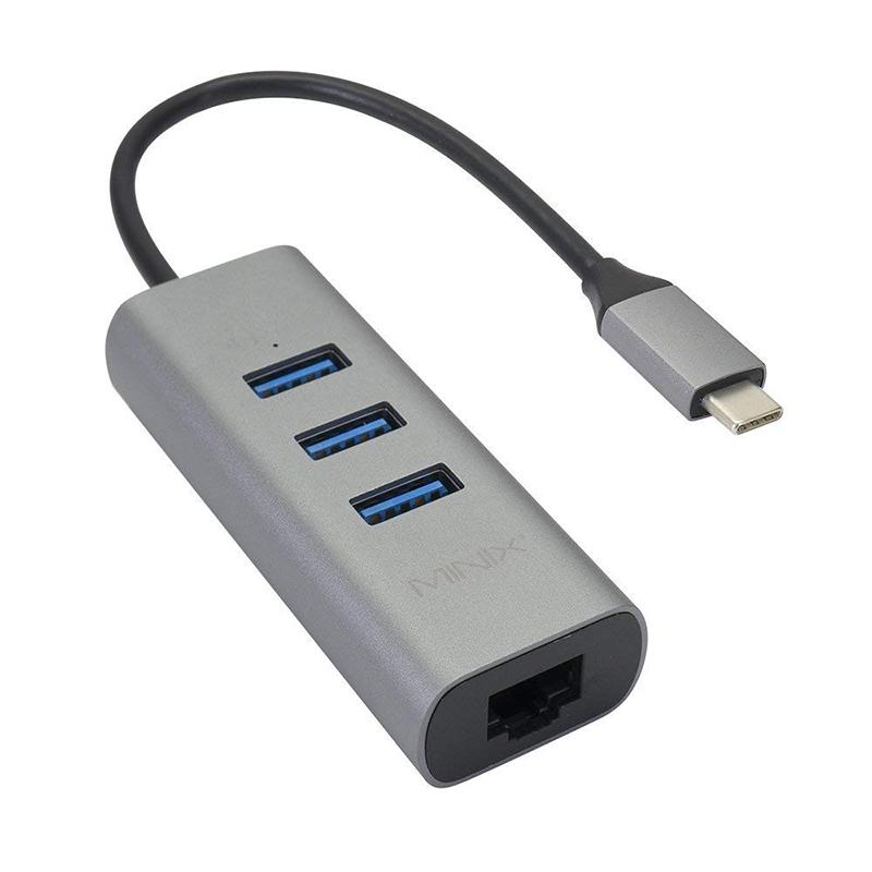 MINIX Neo C-UE Gigabit Ethernet Adapter USB-C to 3-Port USB 3.0 For Windows OS, Mac OS, Chrome OS - Grey