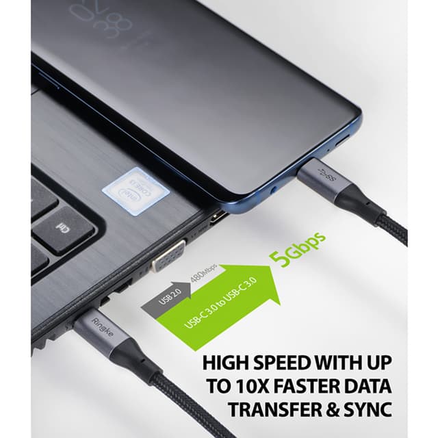 Ringke USB Type C to C Cable (4ft) Tangle Free Cotton Braided Universal Compatibility High-Speed 5Gbps Syncing & Fast Charging Connector Cord with Cable Tie, Supports USB Type-C Device - Black