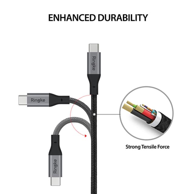 Ringke USB Type C to C Cable (4ft) Tangle Free Cotton Braided Universal Compatibility High-Speed 5Gbps Syncing & Fast Charging Connector Cord with Cable Tie, Supports USB Type-C Device - Black