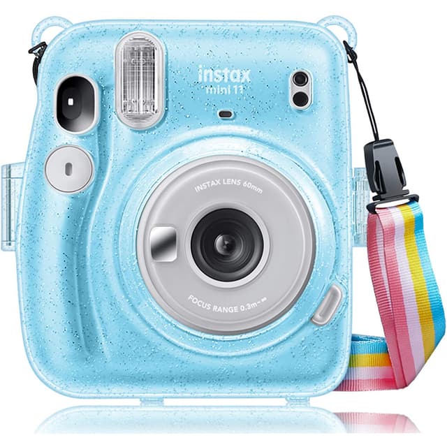 O Ozone Transparent Hard Camera Case for Fujifilm Instax Mini 11 Instant Camera Cover with Adjustable Strap [ Shining Case Designed for Instax Mini 11 Case ] - Glitter Blue - Blue