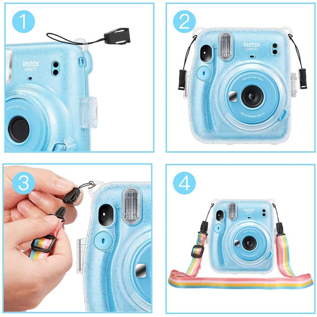 O Ozone Transparent Hard Camera Case for Fujifilm Instax Mini 11 Instant Camera Cover with Adjustable Strap [ Shining Case Designed for Instax Mini 11 Case ] - Glitter Blue - Blue