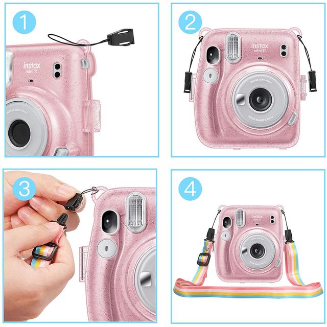 O Ozone Transparent Hard Camera Case for Fujifilm Instax Mini 11 Instant Camera Cover with Adjustable Strap [ Shining Case Designed for Instax Mini 11 Case ] - Glitter Pink - Pink - SW1hZ2U6MTI1MDEz