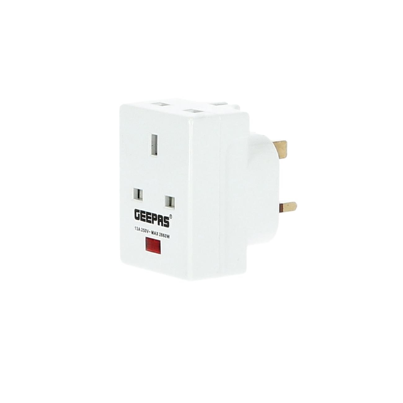 Geepas 3 Way UK Type Adaptor - Wall Tap, Extra Wide Adapter Spaced, Easy Access Design, 3 Prong Outlet, Perfect for Travel -Flame Retardant Material - 2 Years Warranty