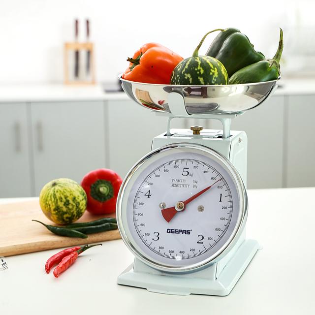 Geepas Kitchen Analog Kitchen Scale - Kitchen Food Scale and Multifunction Weight Scale with Removable Bowl, 11 lb 5kg - Ideal For Kitchen, Hotel, Gold Smith and More - SW1hZ2U6MTM1MzY4