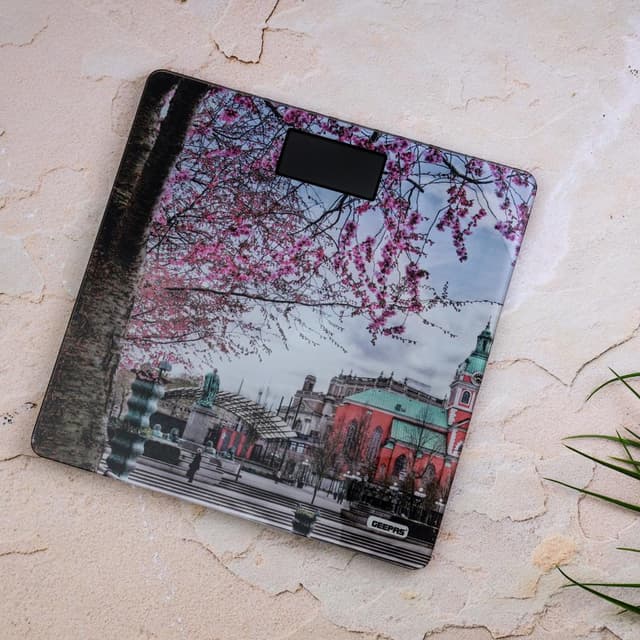 Geepas Digital Scale - Super Slim Design, 5mm Tempered Glass Platform, Auto On/Off, 150 Kg Capacity with 3 Units Reading - Overload, Auto Zero Setting