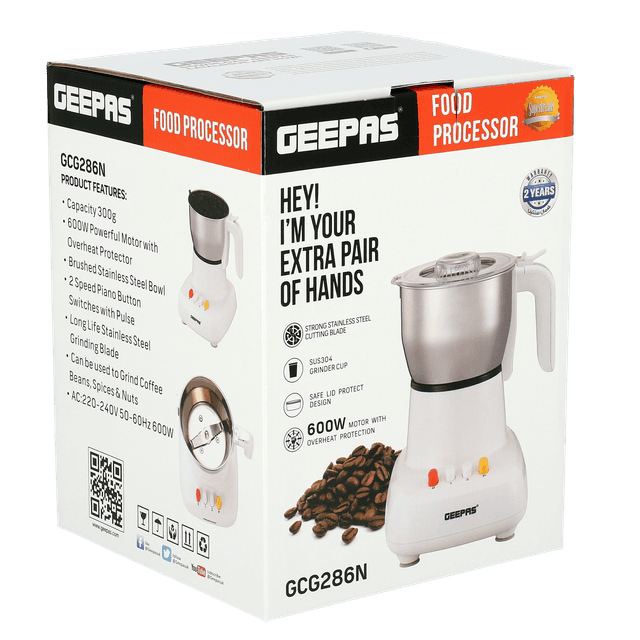 طاحونة قهوة كهربائية 600 واط 300 مل ستانلس ستيل جيباس Geepas Stainless Steel 300Ml 600W Electric Coffee Grinder