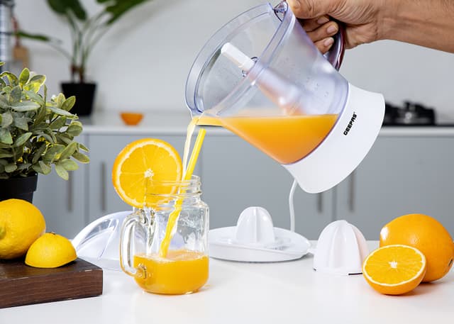 Geepas 25 Watt Citrus Juicer - Quick, Healthy, Nutritious Juices - Effortless Juicer With 2 Cones, Bi-Direction Twist, 1.2 Liter Capacity - 2-Years Warranty