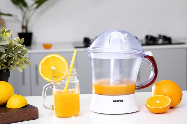 Geepas 25 Watt Citrus Juicer - Quick, Healthy, Nutritious Juices - Effortless Juicer With 2 Cones, Bi-Direction Twist, 1.2 Liter Capacity - 2-Years Warranty