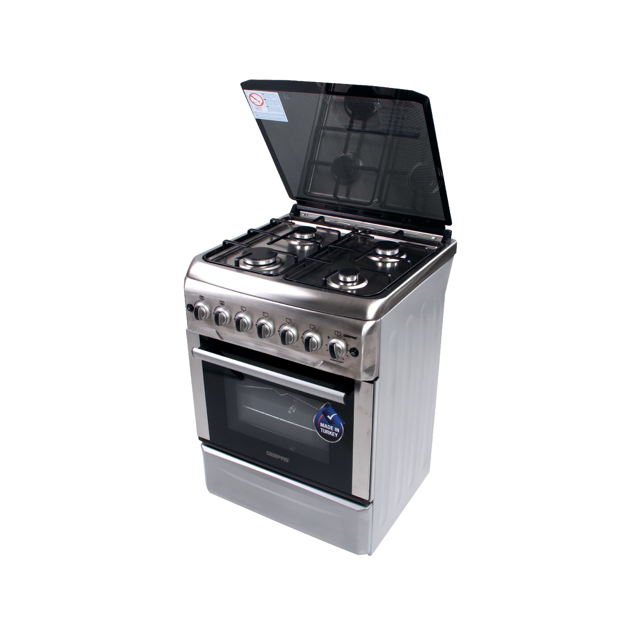 Geepas 60*60 Cooking Range - 4 Gas Euro Pool Type Burners Convection Single Oven with Rotisserie Function, Glass Lid - Perfect for Cook, Bake & Grill