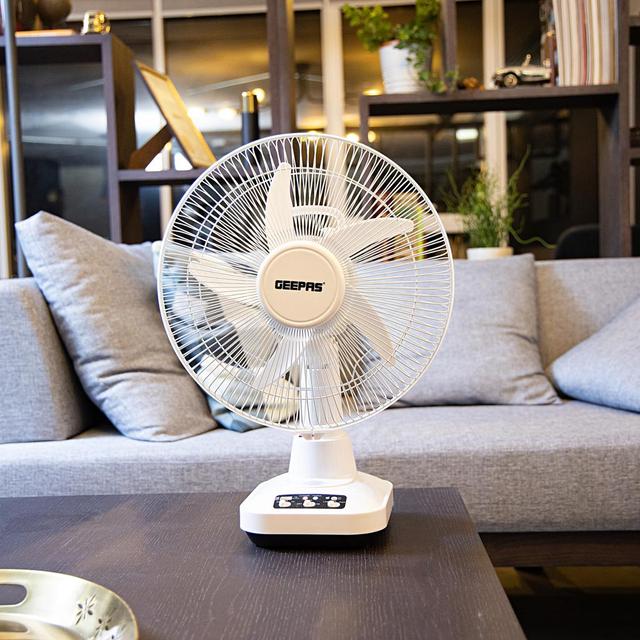 Geepas GF21118 12'' Rechargeable Fan - 2 Speed Settings with 6 Hours Continuous Working & 24 Hours LED Light - 5000 Mah Battery - Ideal for Office, Home & Outdoor Use - SW1hZ2U6MTM3NDEy