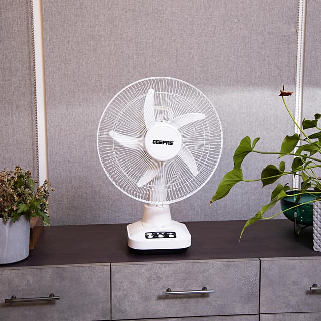 Geepas GF21118 12'' Rechargeable Fan - 2 Speed Settings with 6 Hours Continuous Working & 24 Hours LED Light - 5000 Mah Battery - Ideal for Office, Home & Outdoor Use