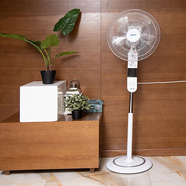 Geepas GF9466 16" Stand Fan With Remote Control 50W - 3 Speed, 5 Leaf Blade, Adjustable Height & Tilt Setting With Led Display - Auto Off - 2 Years Warranty