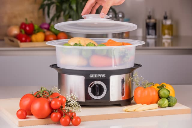 Geepas GFS63025UK Food Steamer 12L Capacity - 3 Tiers - 75 Minutes Timer - Stainless Steel Housing - Makes Healthy Food, Meat, Fish & Steam - 2 Year Warranty