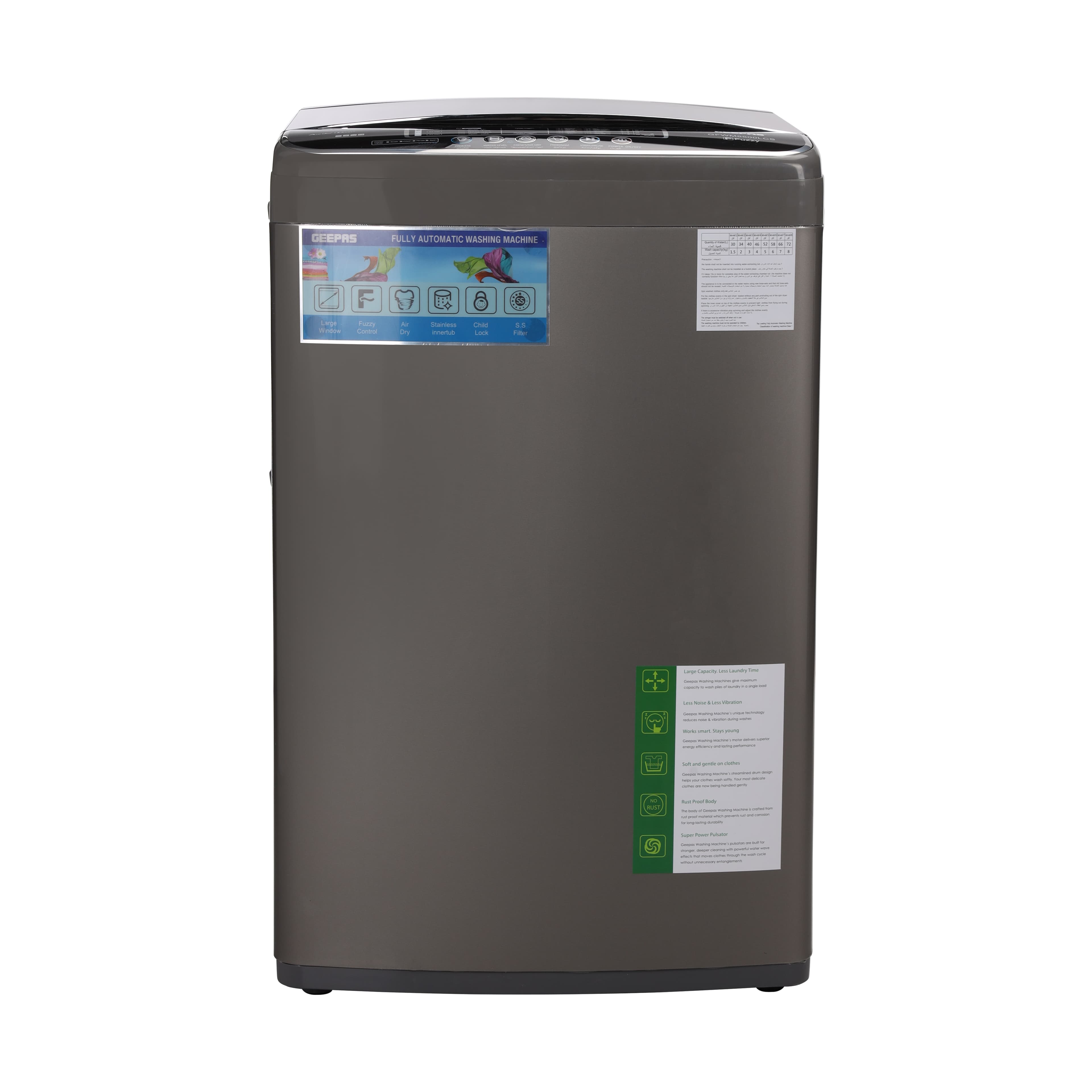 Geepas 420W Fully Automatic Top Loader Washing Machine 8kg - Gentle Fabric Care, Fuzzy Logic, Anti Vibration & Noise, Child Lock, Led Display, Stainless Steel Drum