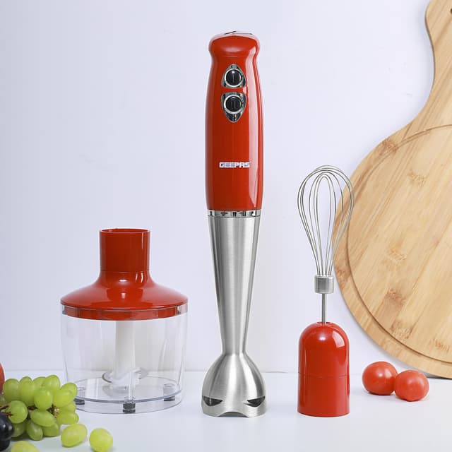 خلاط كهربائي يدوي  Geepas 400W Hand Blender - Stainless Steel Blades with 2 Speed  860ml Chopper Bowl & Electric Egg Whisk