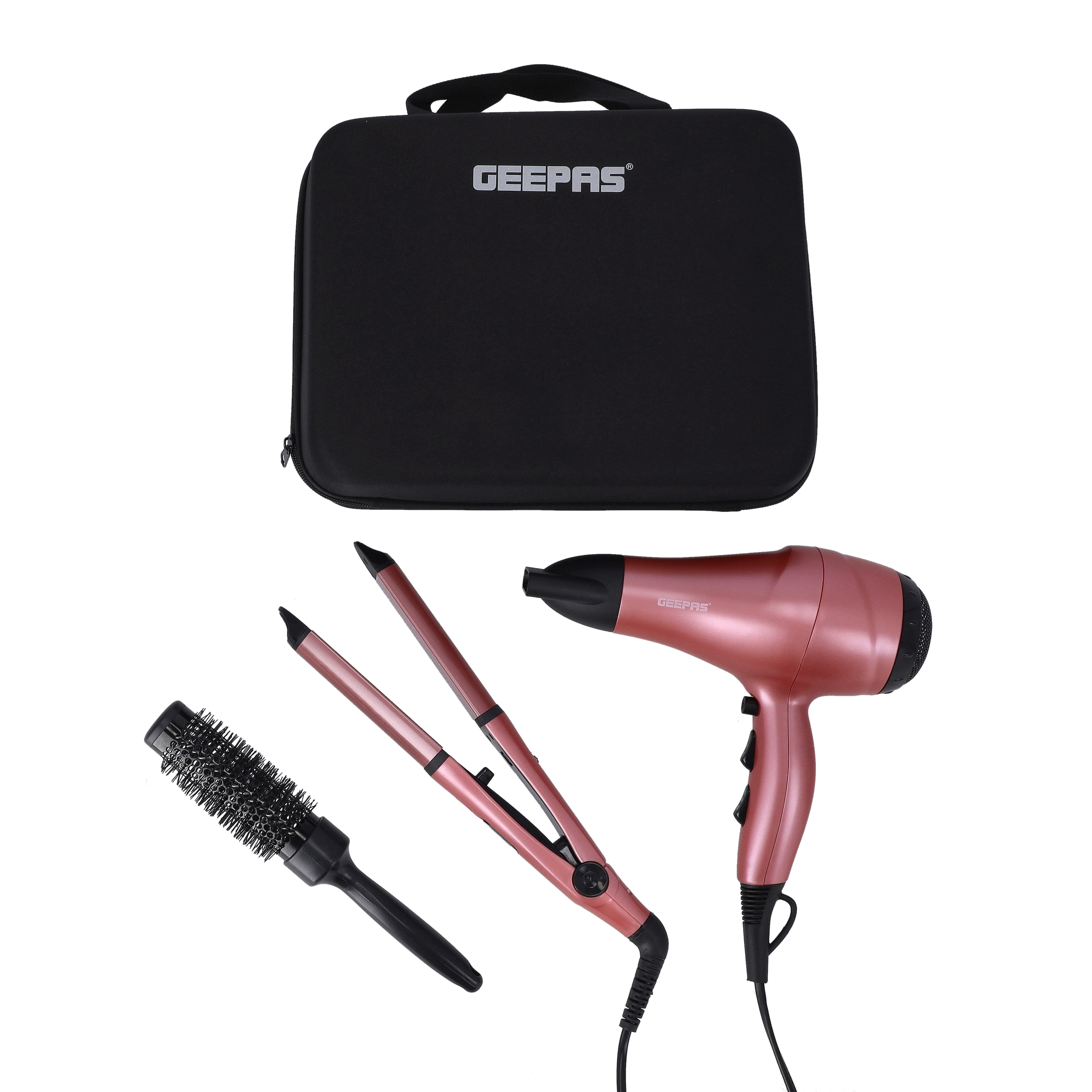 Geepas 4 In 1 Hair Dressing Set - Portable Hair Dryer, Straightener, Curler with Eva Bag - 2000W - Ideal for Styling All Hairs