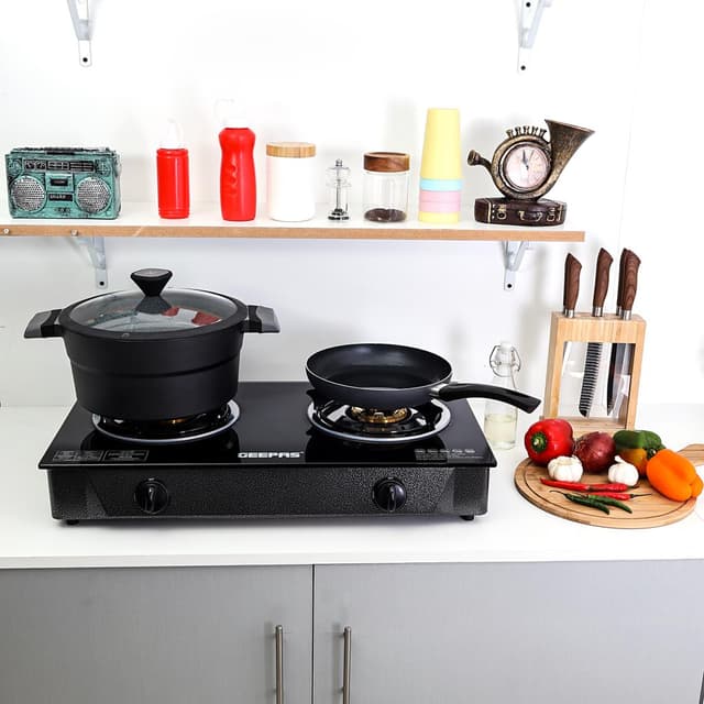 Geepas 2-Burner Gas Hob - Attractive Design, Tempered Glass Worktop - Automatic Ignition, 2 Heating Zones - Portable Cooktop - Ideal for Home, Office and More