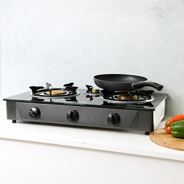 Geepas GK4281 3-Burner Gas Hob Attractive Design - Tempered Glass Worktop Automatic Ignition, 3 Heating Zones - Portable Cooktop - Ideal for Home, Office and More - 2 Years Warranty