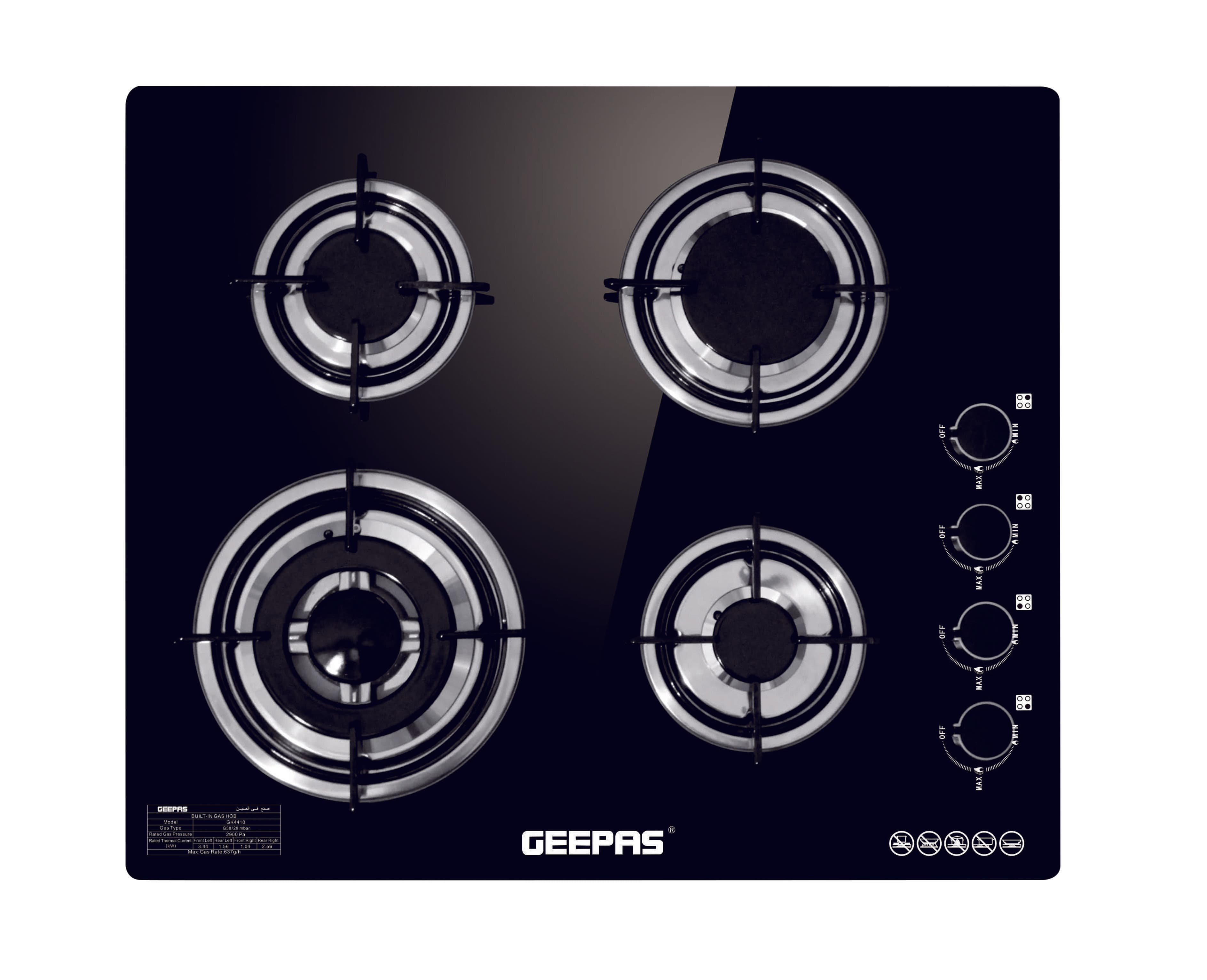 Geepas GK4410 4-Burner Gas Cooker- Size 130/100/70/50 mm Respectively - 8mm Tempered Glass Worktop, Automatic Ignition, 4 heating Zones - Stainless Steel Frame