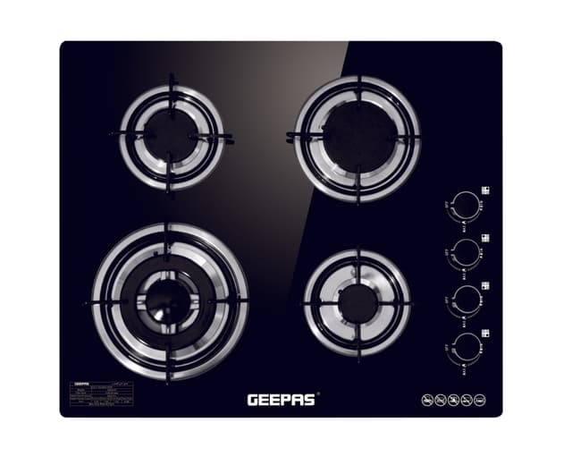 Geepas GK4410 4-Burner Gas Cooker- Size 130/100/70/50 mm Respectively - 8mm Tempered Glass Worktop, Automatic Ignition, 4 heating Zones - Stainless Steel Frame - 256660