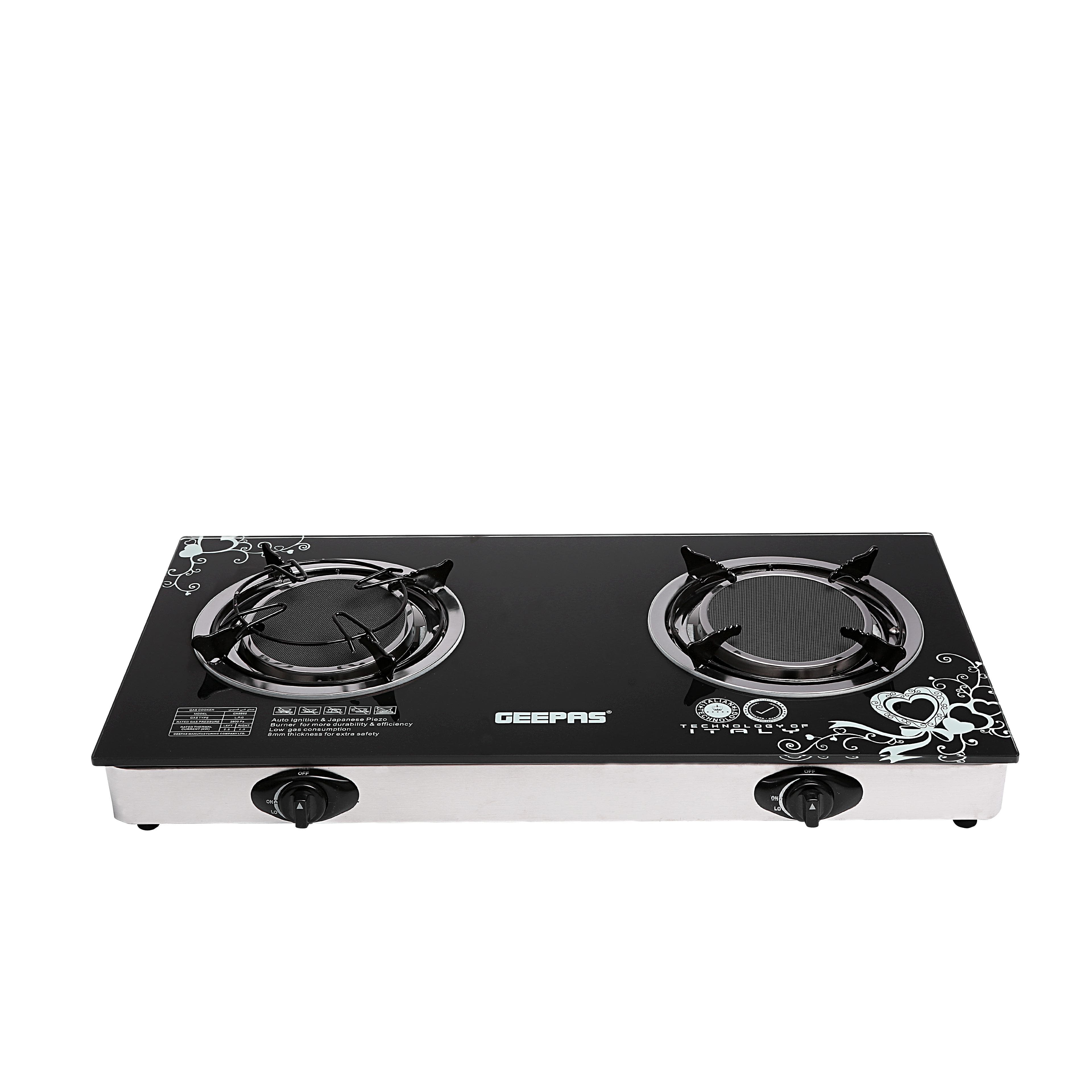 Geepas GK6865 Electric 2-Burner Hob - Size 155mm, Attractive Design, 8mm Tempered Glass Worktop - Automatic Ignition, 2 Heating Zones - 2 Years Warranty