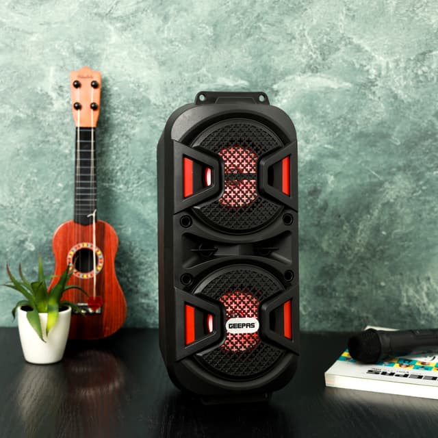 Geepas Rechargeable Portable Speaker - Portable Handle with 1500 MAH Huge Battery- TWS Connection & Compatible with BT/ USB/ AUX/ FM/ Micro SD - Ideal for Home, Hotels, Trips & Outdoor Use - 127051